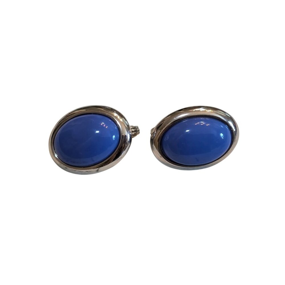 Monet Sky Blue‎ Cabochon Clip-On Earrings Silver Tone 1" 12.7g Excellent Vintage